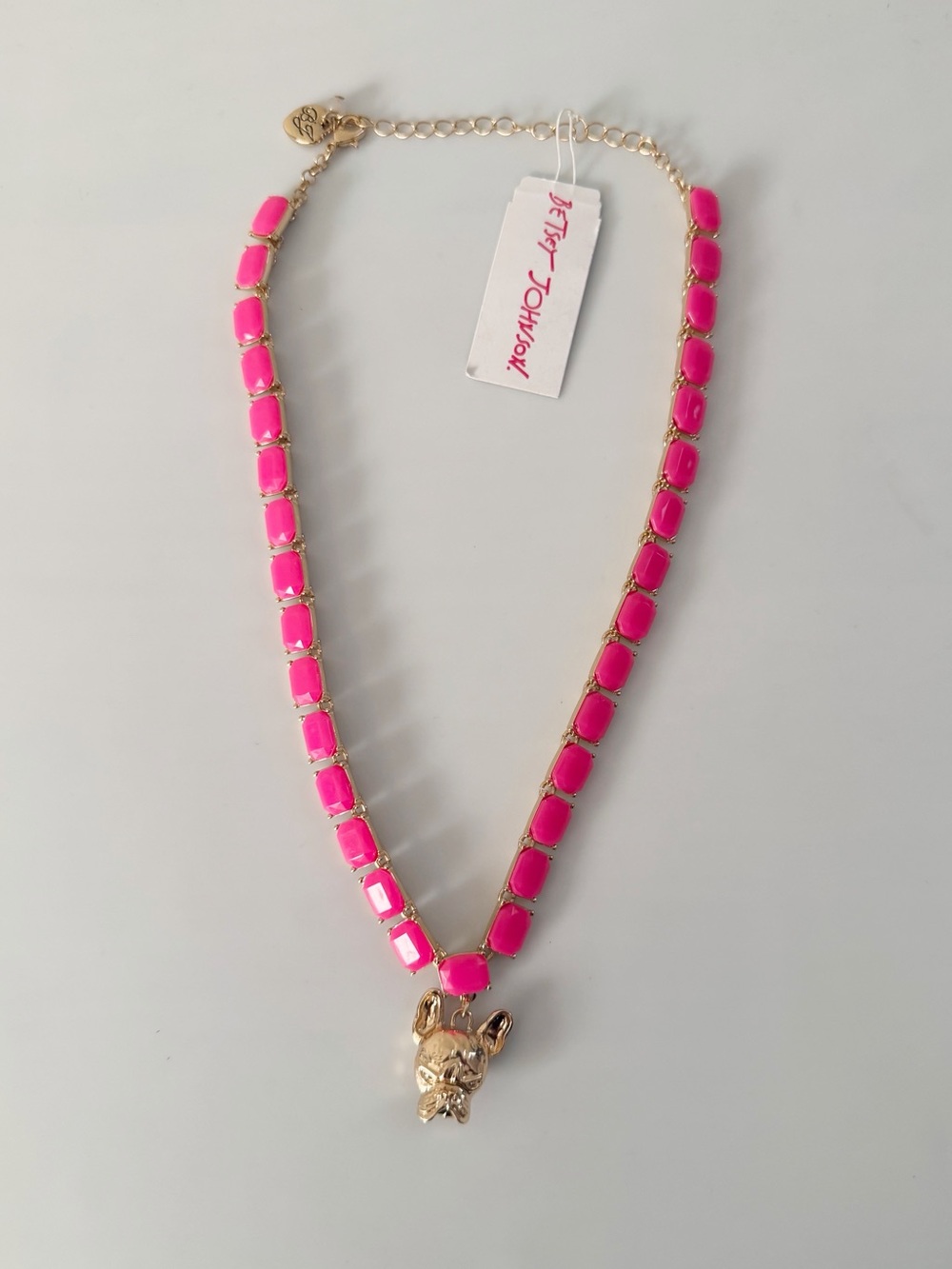 Betsey Johnson Frenchie Dog Gold Tone Hot Pink Tennis Statement Necklace NWT